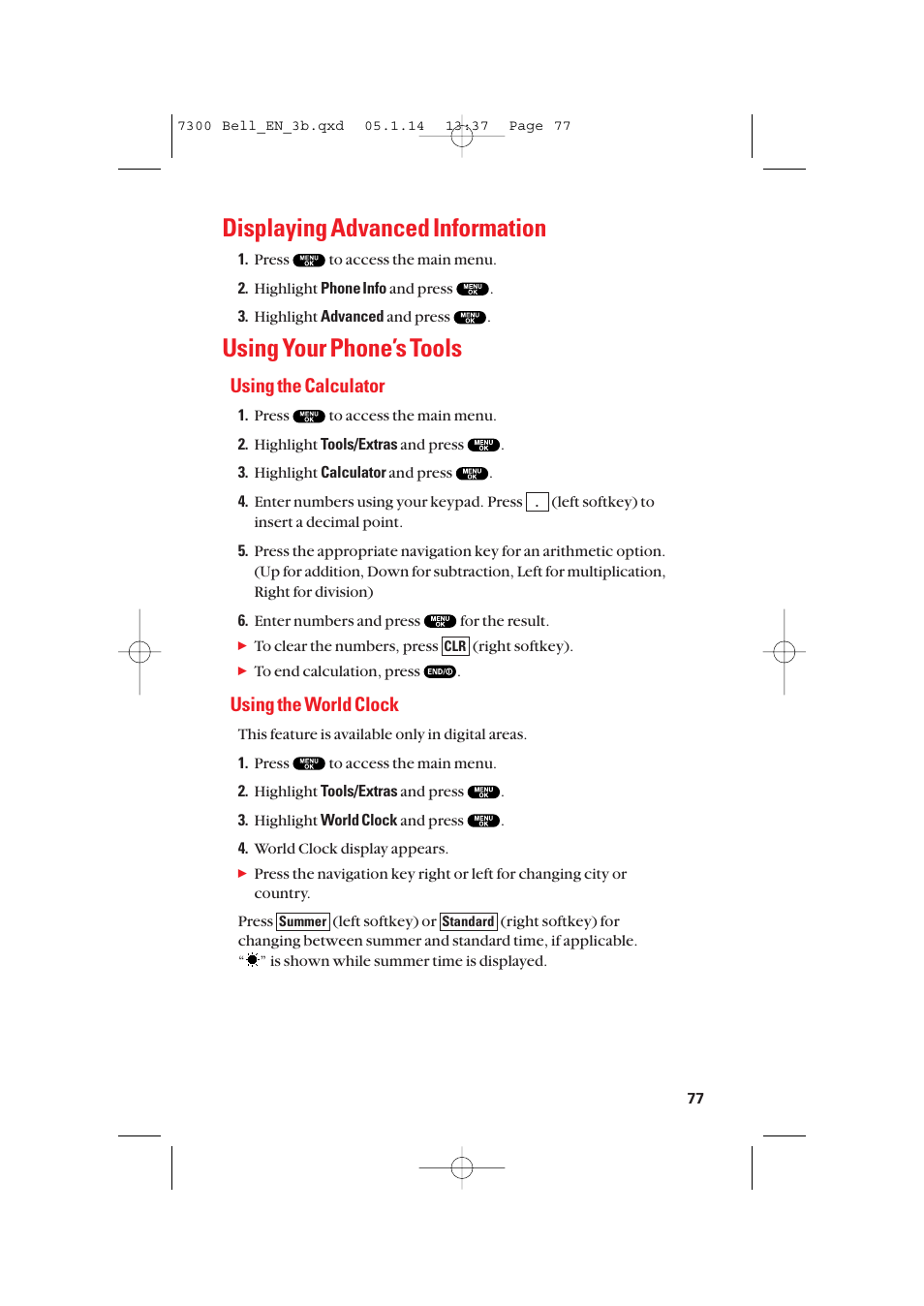 Displaying advanced information, Using your phone’s tools, Using the calculator | Using the world clock | Sanyo SCP-7300 User Manual | Page 85 / 161