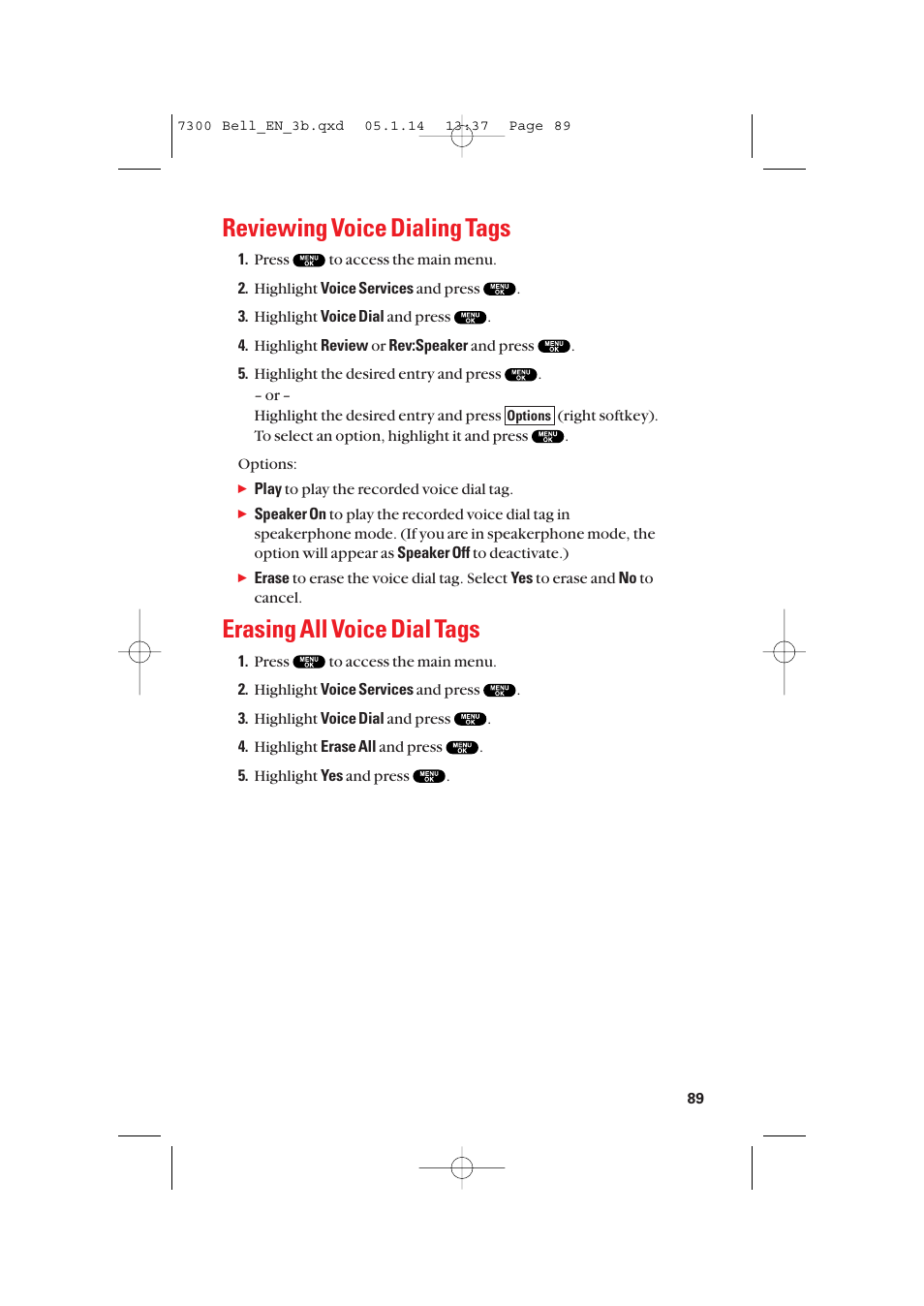 Reviewing voice dialing tags, Erasing all voice dial tags | Sanyo SCP-7300 User Manual | Page 97 / 161