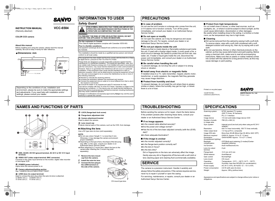 Sanyo VCC-6584 User Manual | 2 pages