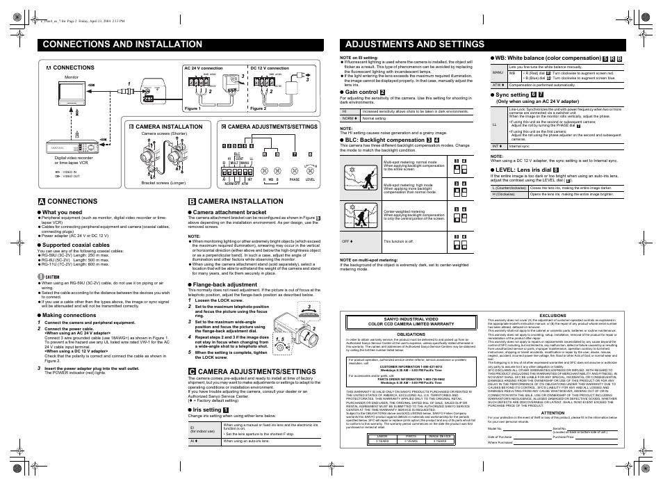 Connections and installation, Adjustments and settings, Connections | Camera installation, Camera adjustments/settings | Sanyo VCC-6584 User Manual | Page 2 / 2
