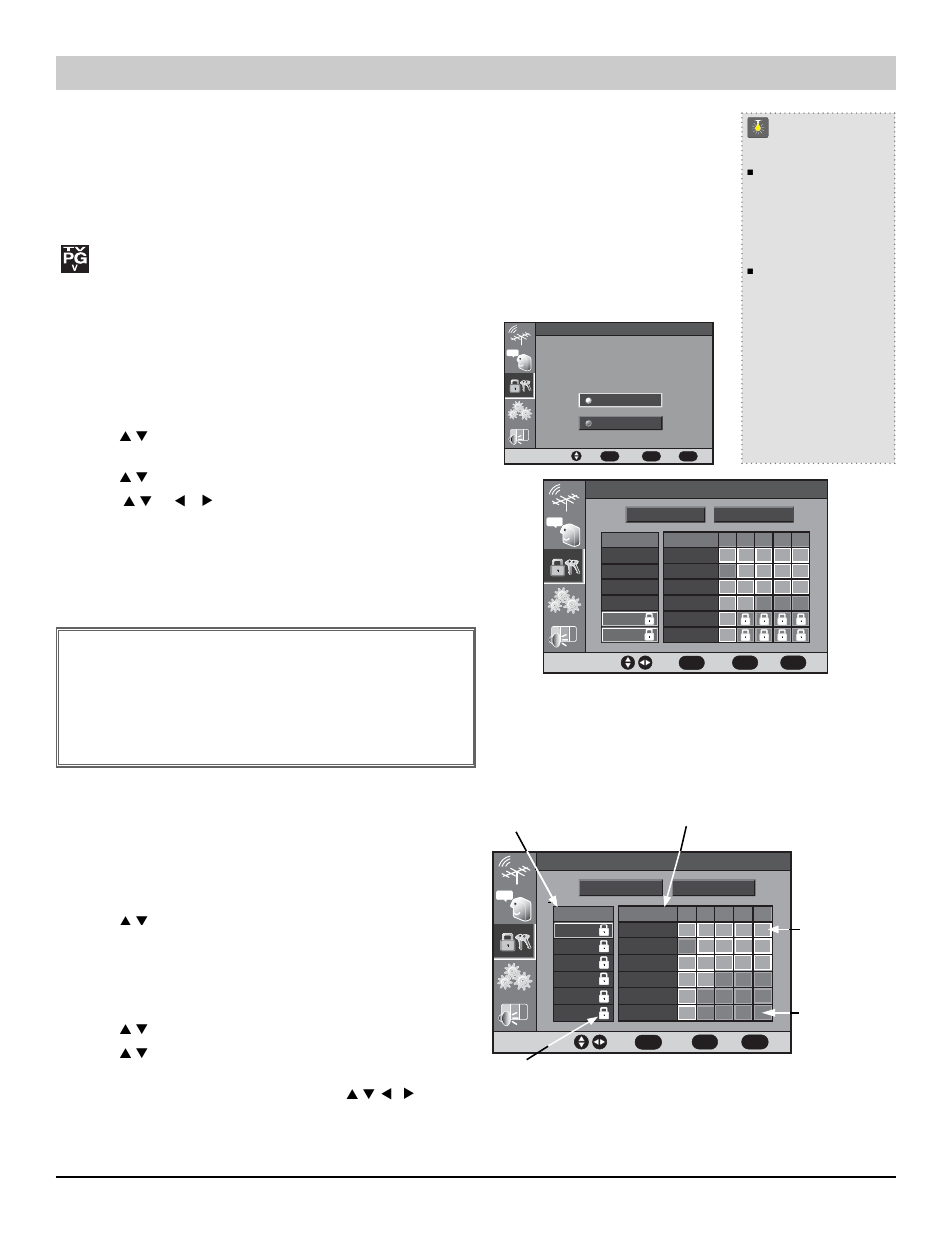 V-guide (parental control) operation, Quicktips, V-guide ratings—at-a-glance | Rating | Sanyo HT27744 User Manual | Page 19 / 72