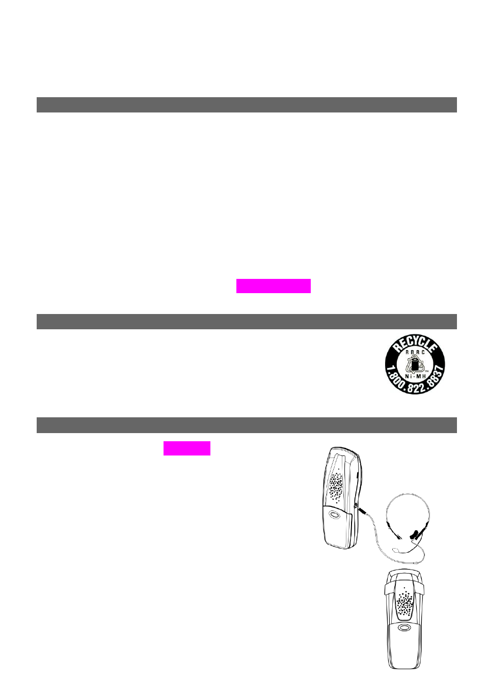 Changing the handset battery, Recycling nickel-metal hydride batteries, Headset jack and belt clip | Sanyo LNS-W10 User Manual | Page 25 / 36