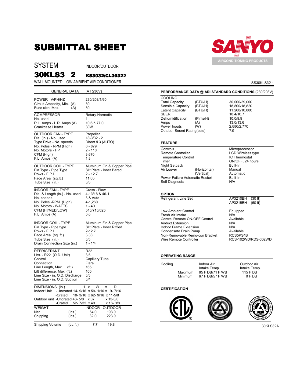 Submittal sheet, System | Sanyo C3032A User Manual | Page 2 / 3