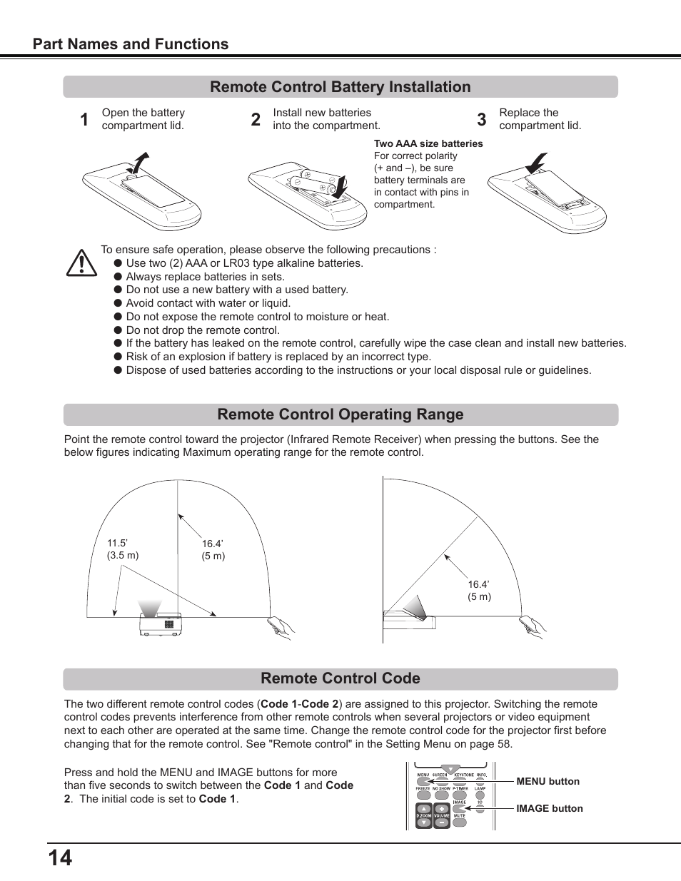 Remote control battery installation, Remote control operating range, Remote control code | Sanyo PDG-DWL2500 User Manual | Page 14 / 82