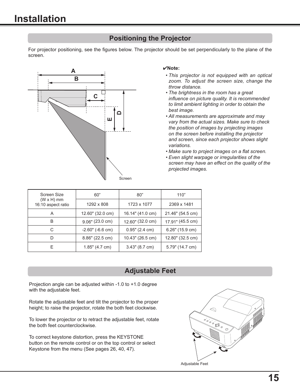 Installation, Positioning the projector, Adjustable feet | Sanyo PDG-DWL2500 User Manual | Page 15 / 82