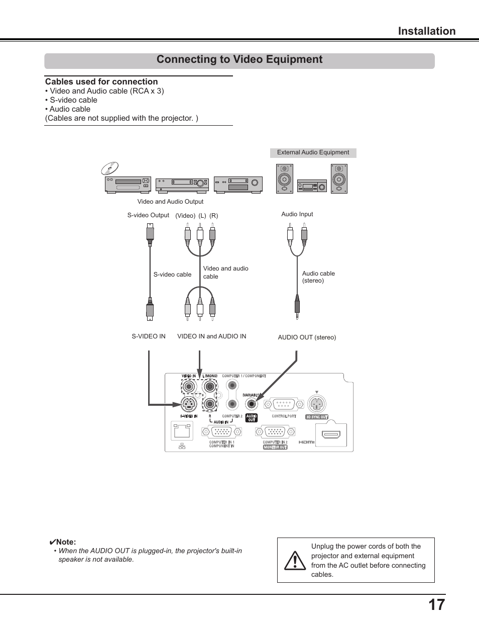 Connecting to video equipment, Installation connecting to video equipment | Sanyo PDG-DWL2500 User Manual | Page 17 / 82