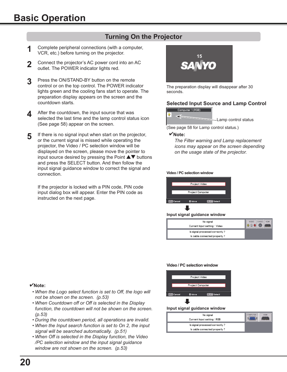 Basic operation, Turning on the projector | Sanyo PDG-DWL2500 User Manual | Page 20 / 82