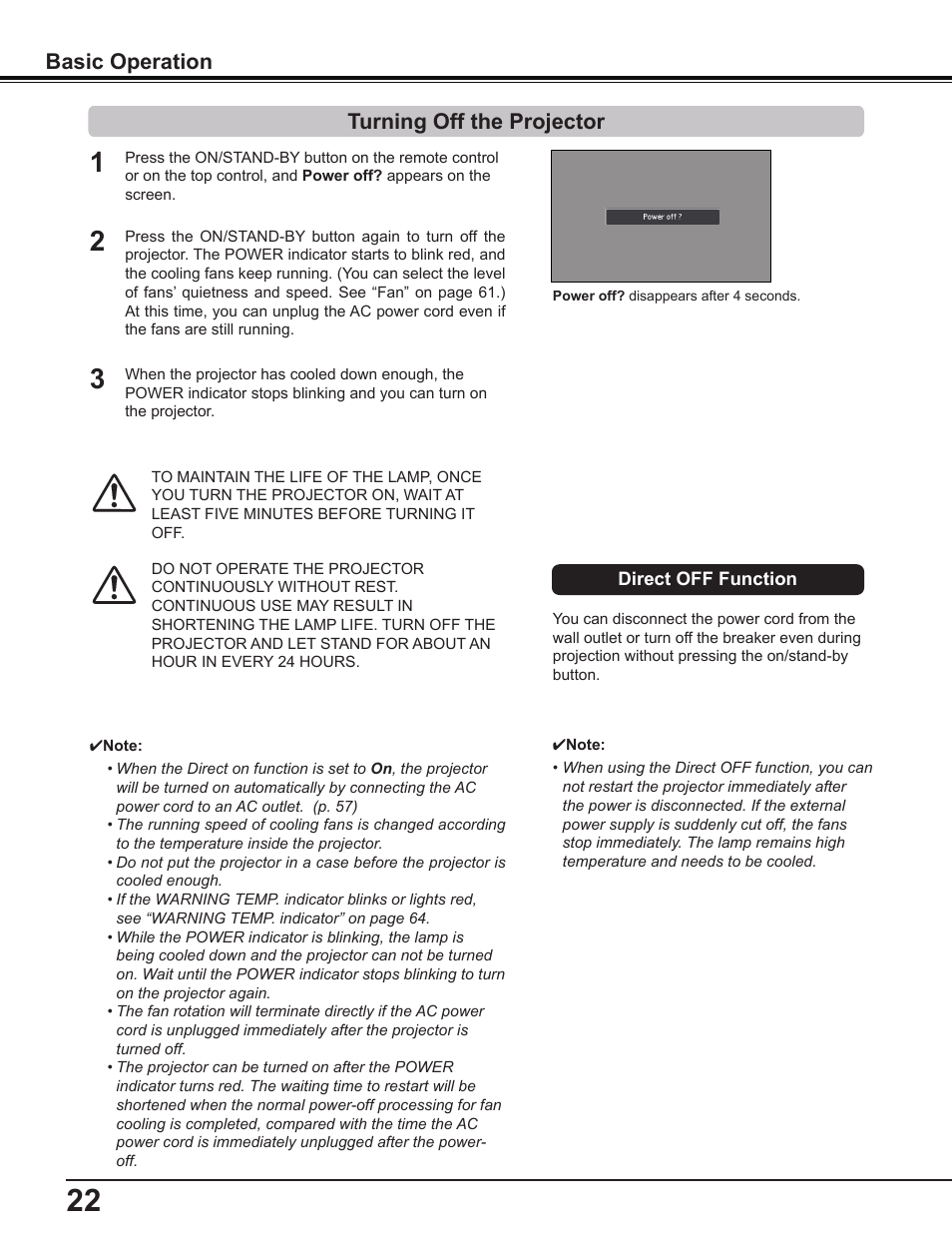 Turning off the projector, Basic operation | Sanyo PDG-DWL2500 User Manual | Page 22 / 82