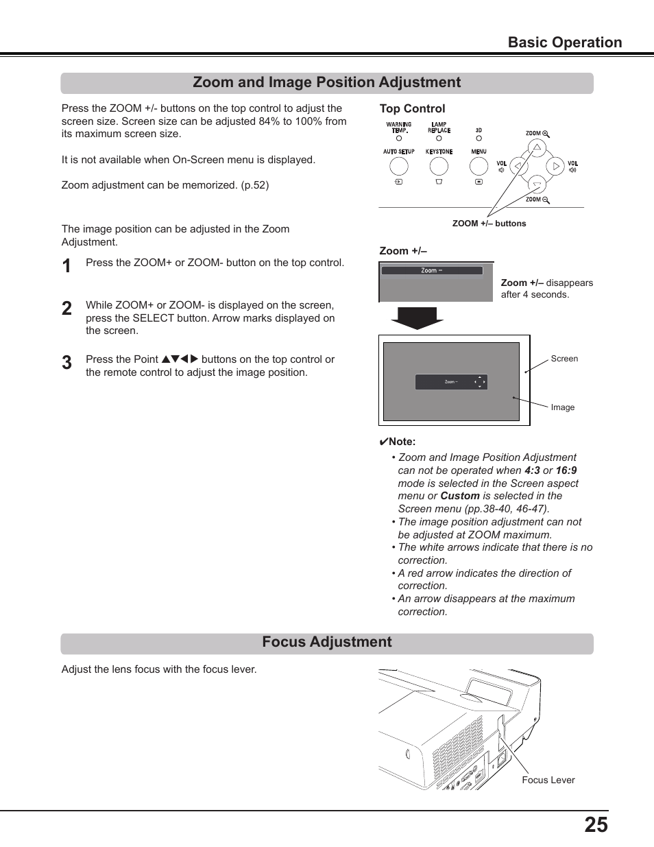 Zoom and image position adjustment, Focus adjustment, Basic operation | Sanyo PDG-DWL2500 User Manual | Page 25 / 82