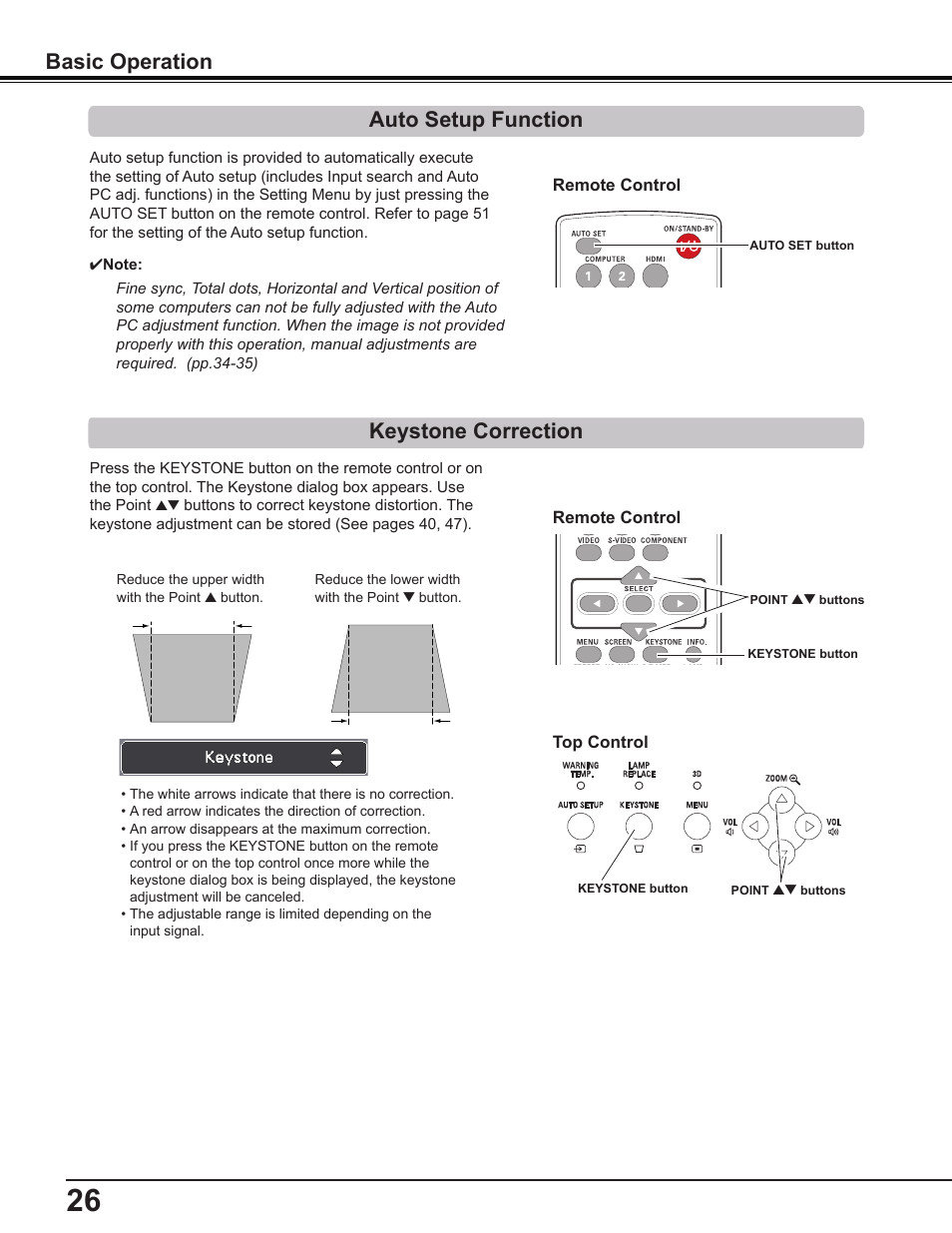 Auto setup function, Keystone correction, Basic operation | Sanyo PDG-DWL2500 User Manual | Page 26 / 82