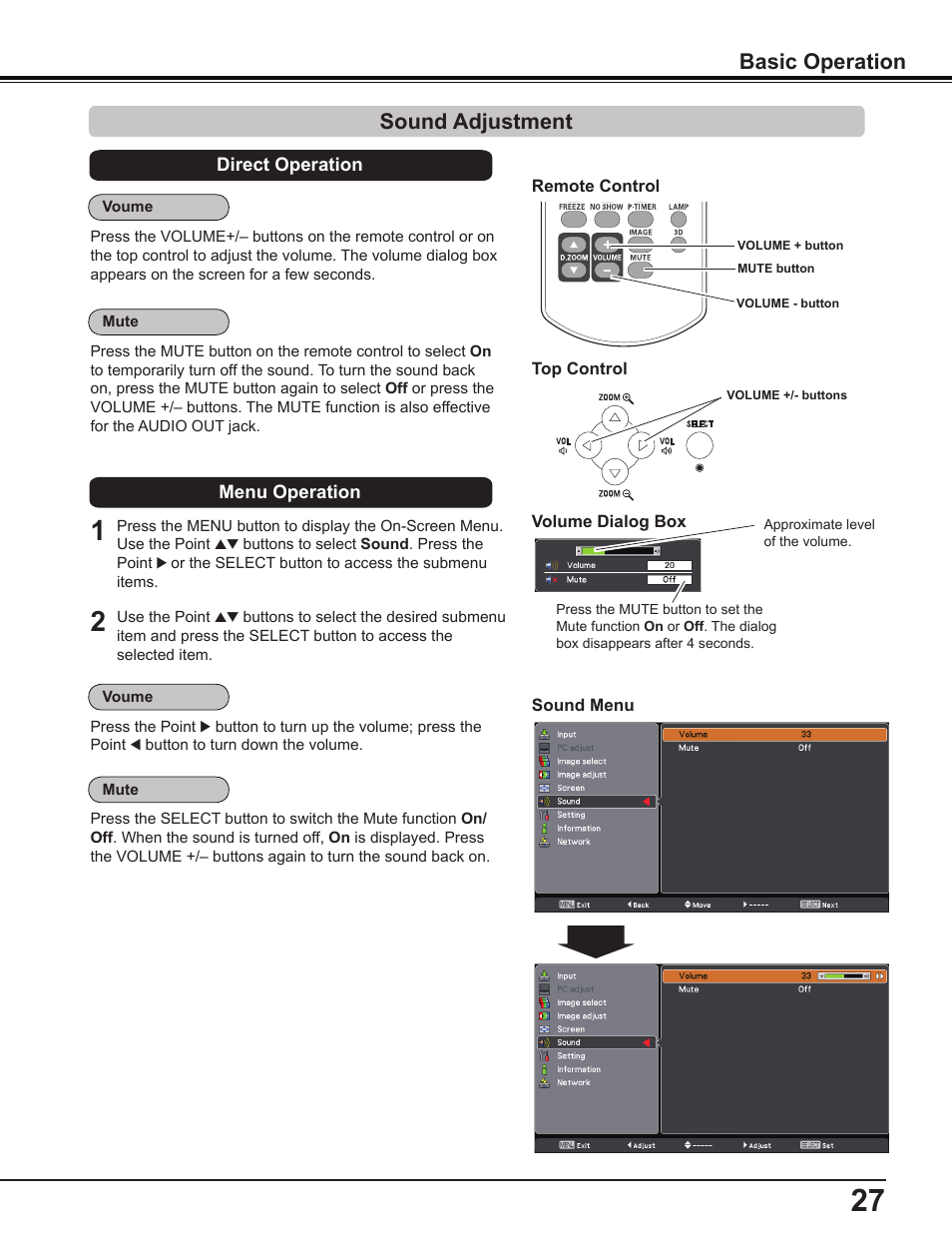 Sound adjustment, Basic operation sound adjustment | Sanyo PDG-DWL2500 User Manual | Page 27 / 82