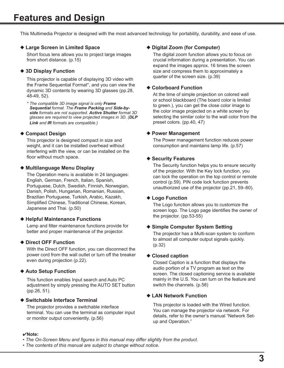 Features and design, 3features and design | Sanyo PDG-DWL2500 User Manual | Page 3 / 82