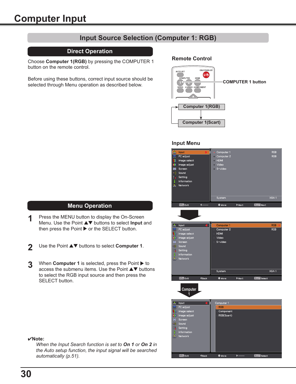 Computer input, Input source selection (computer 1: rgb) | Sanyo PDG-DWL2500 User Manual | Page 30 / 82
