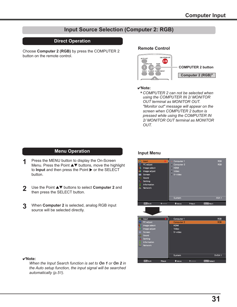 Input source selection (computer 2: rgb), Computer input | Sanyo PDG-DWL2500 User Manual | Page 31 / 82