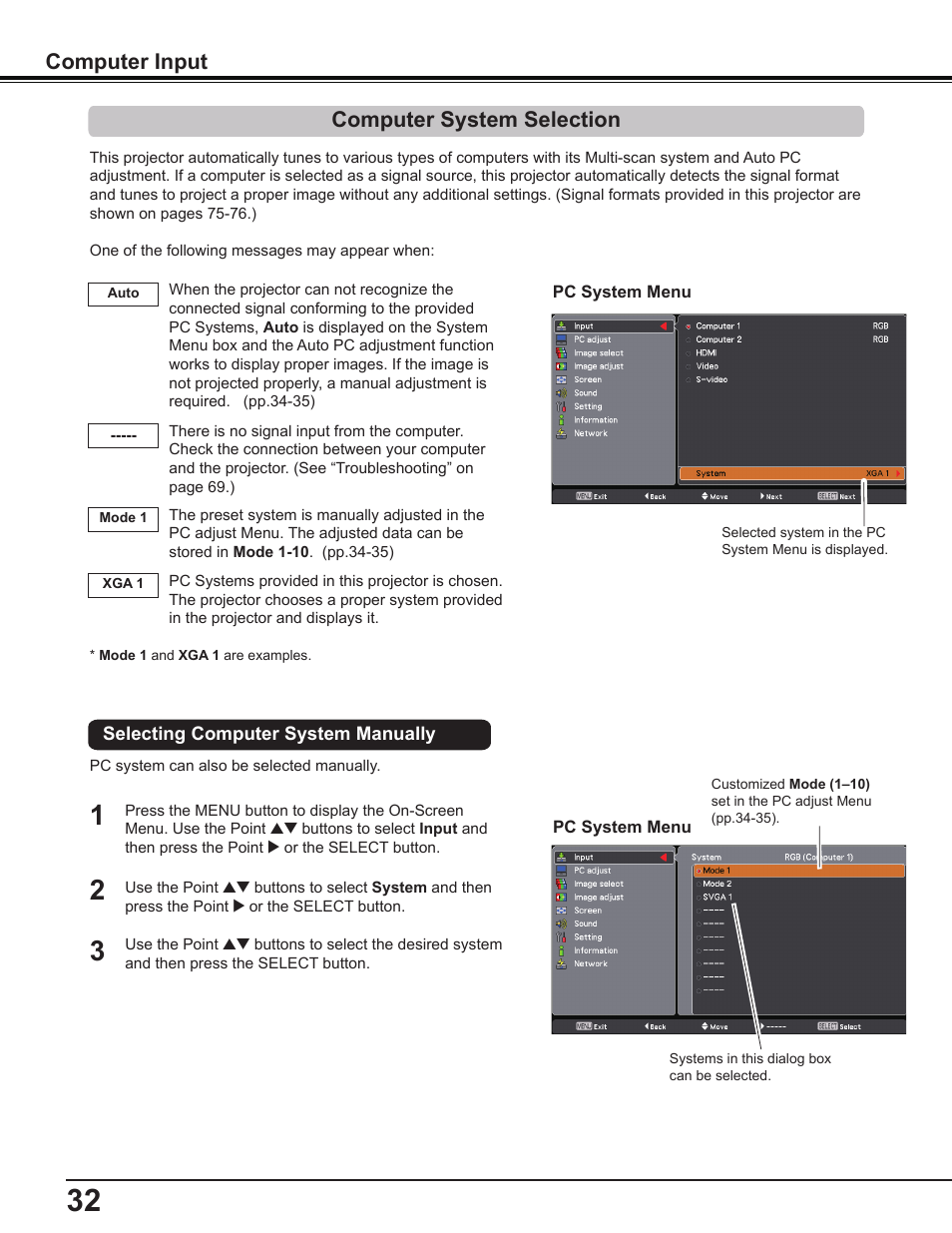 Computer system selection, Computer input | Sanyo PDG-DWL2500 User Manual | Page 32 / 82