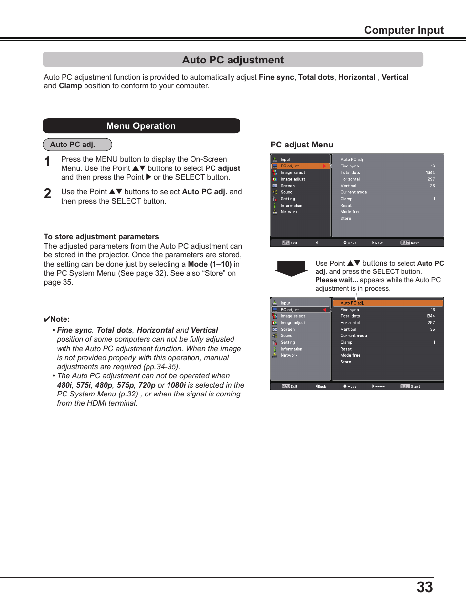 Auto pc adjustment, Computer input | Sanyo PDG-DWL2500 User Manual | Page 33 / 82