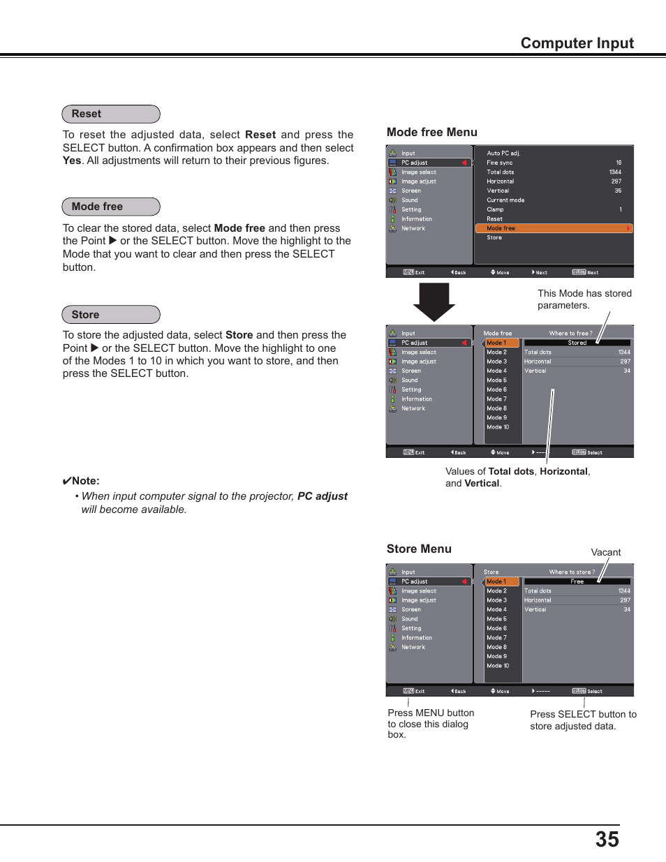 Computer input | Sanyo PDG-DWL2500 User Manual | Page 35 / 82