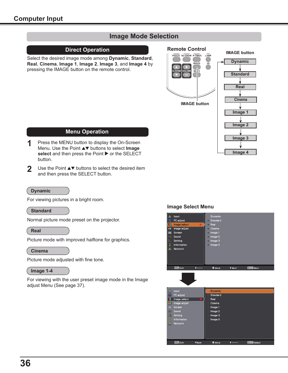 Image mode selection, Computer input | Sanyo PDG-DWL2500 User Manual | Page 36 / 82