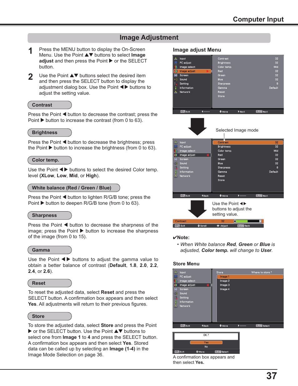 Image adjustment, Computer input | Sanyo PDG-DWL2500 User Manual | Page 37 / 82