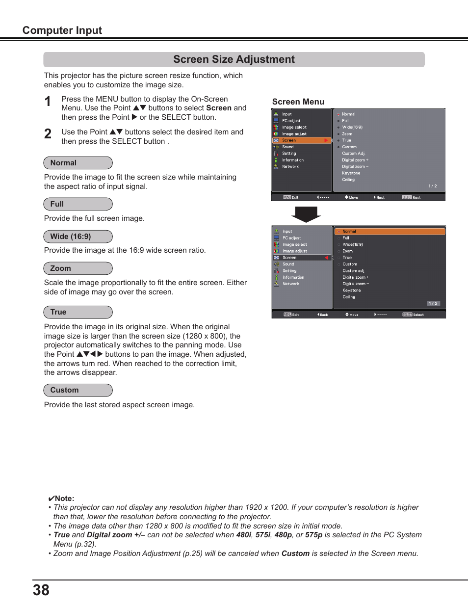 Screen size adjustment, Computer input | Sanyo PDG-DWL2500 User Manual | Page 38 / 82
