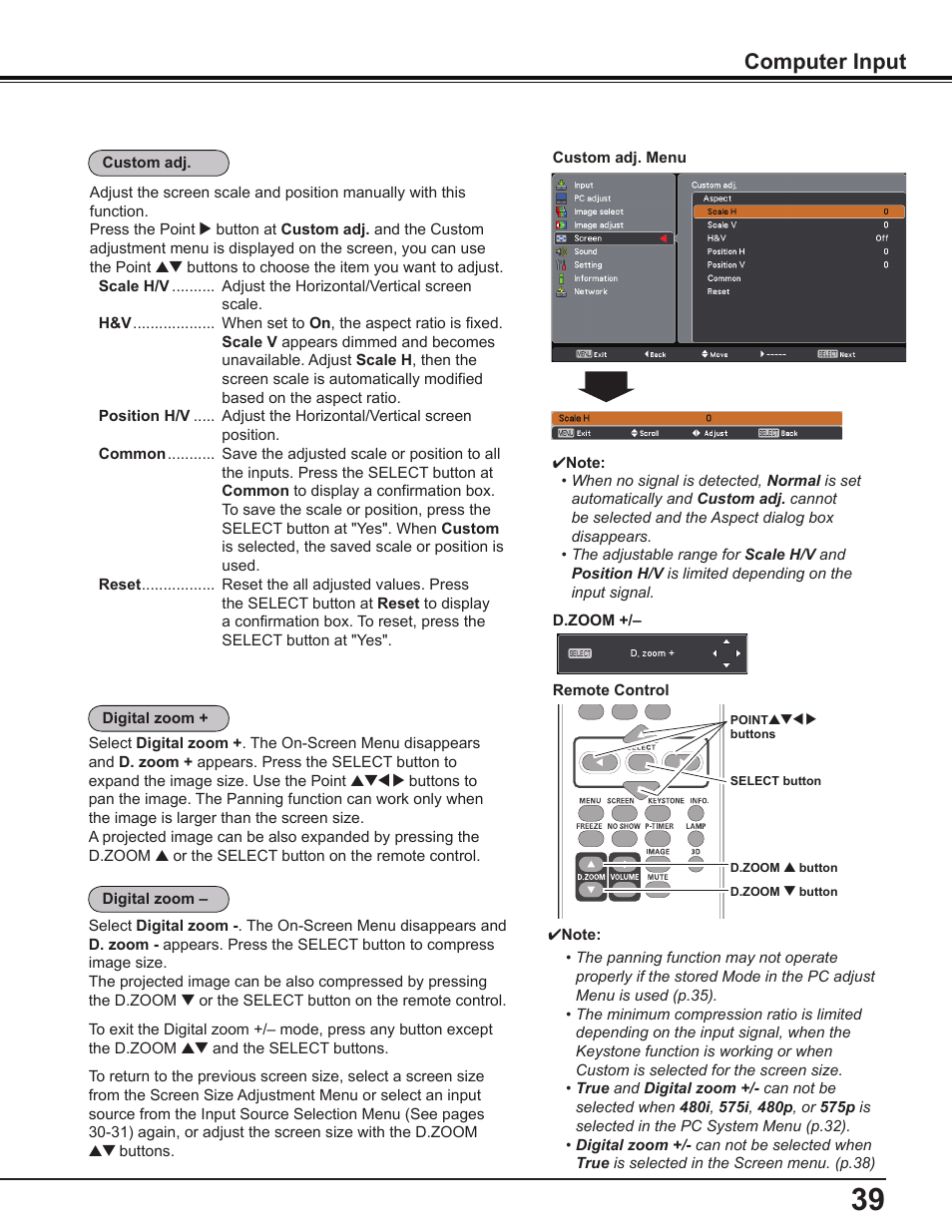 Computer input | Sanyo PDG-DWL2500 User Manual | Page 39 / 82