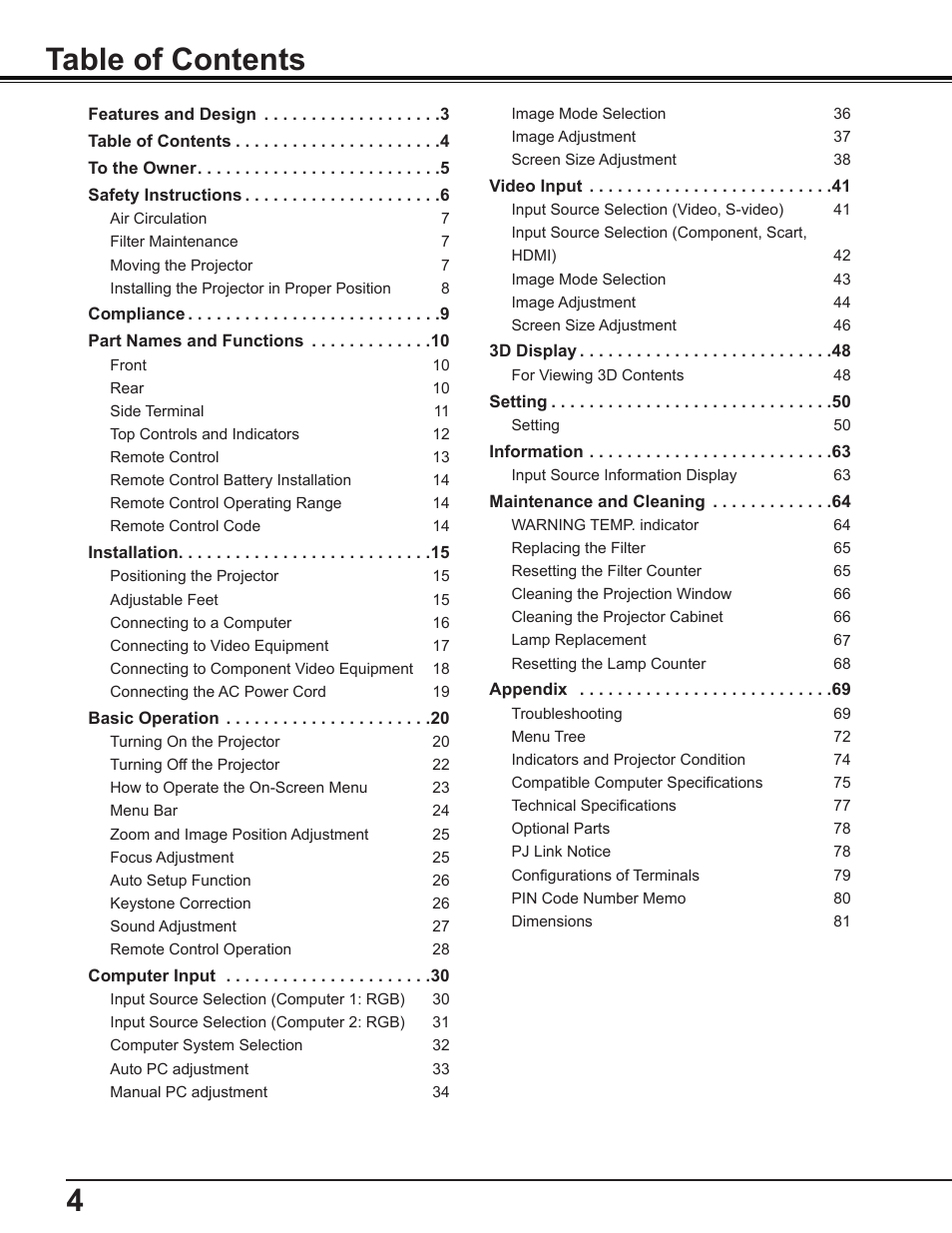 Sanyo PDG-DWL2500 User Manual | Page 4 / 82