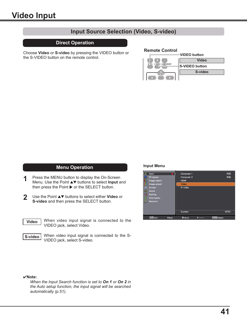 Video input, Input source selection (video, s-video) | Sanyo PDG-DWL2500 User Manual | Page 41 / 82