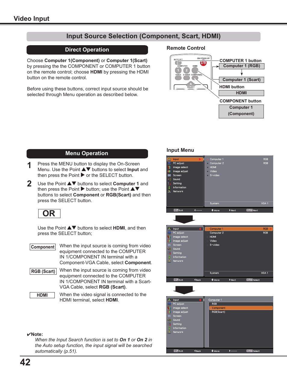 Input source selection (component, scart, hdmi), Video input | Sanyo PDG-DWL2500 User Manual | Page 42 / 82