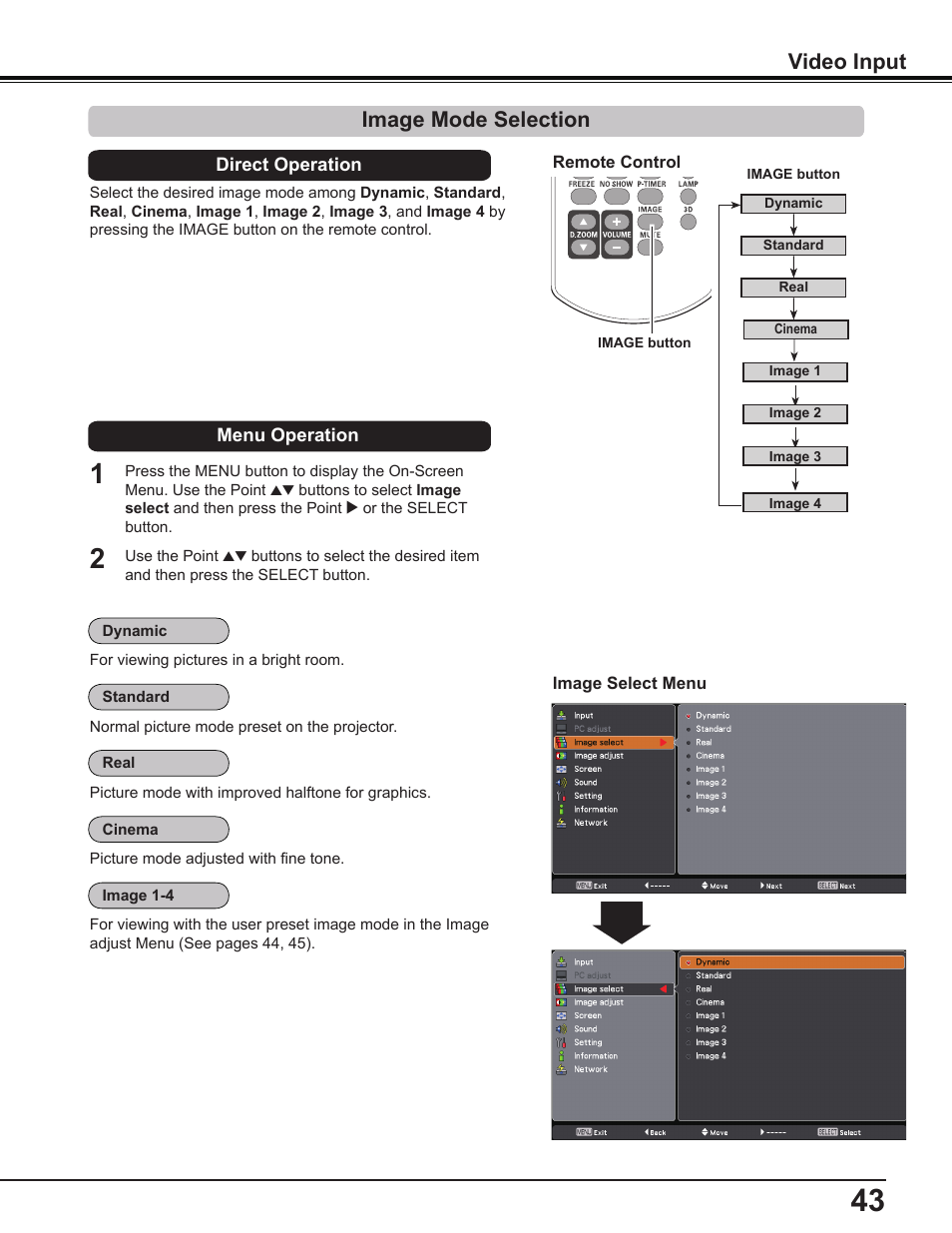 Image mode selection, Video input | Sanyo PDG-DWL2500 User Manual | Page 43 / 82