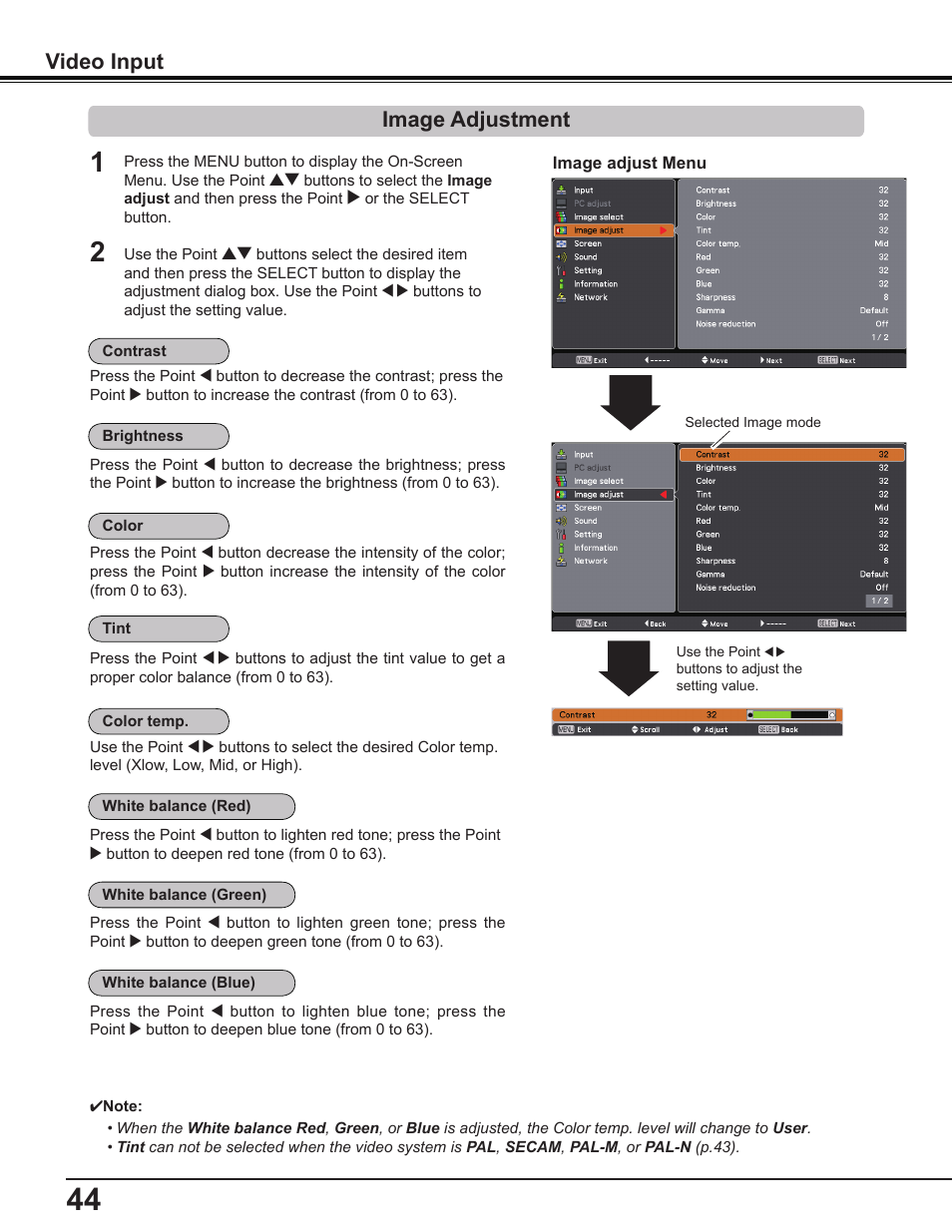 Image adjustment, Video input image adjustment | Sanyo PDG-DWL2500 User Manual | Page 44 / 82