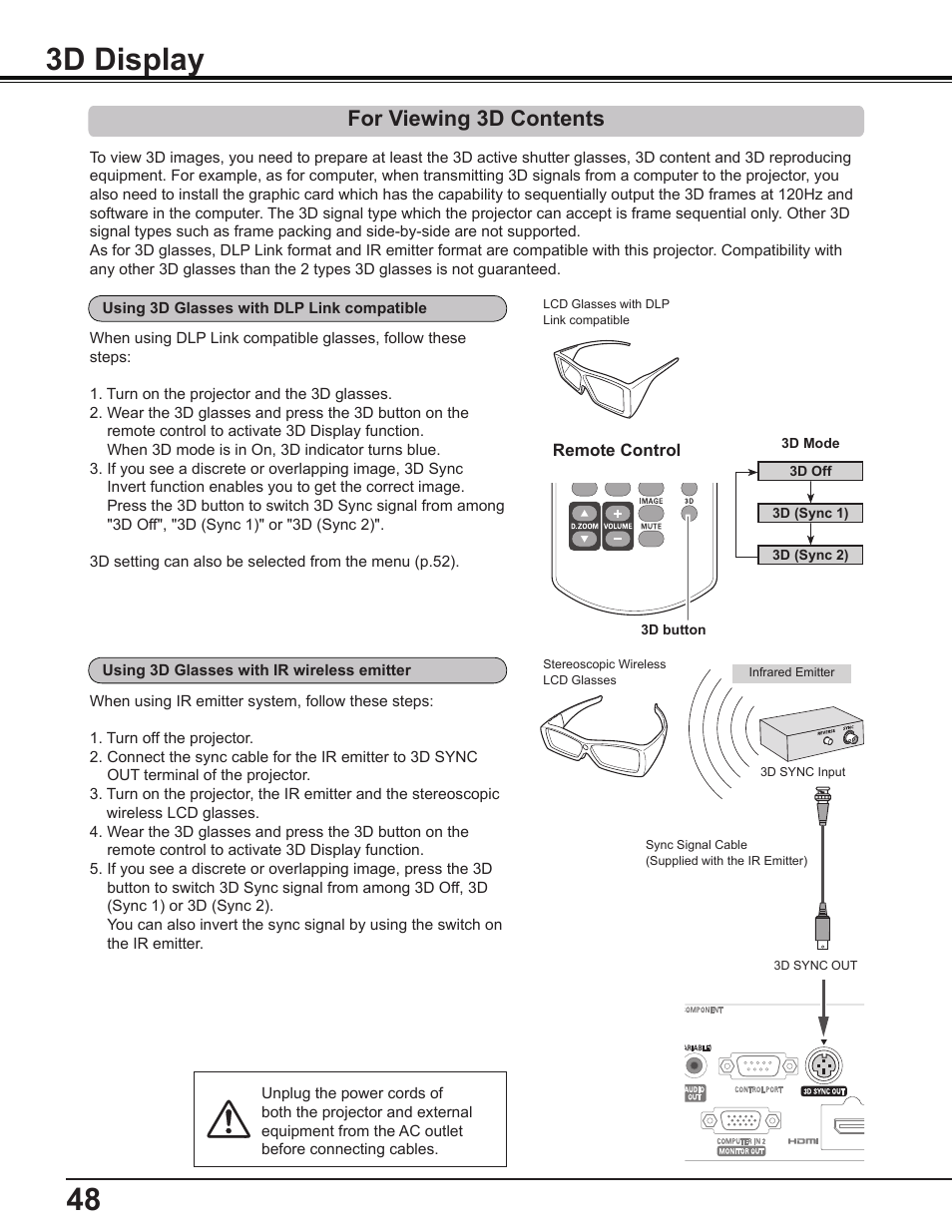 3d display, For viewing 3d contents, 8 3d display | Sanyo PDG-DWL2500 User Manual | Page 48 / 82