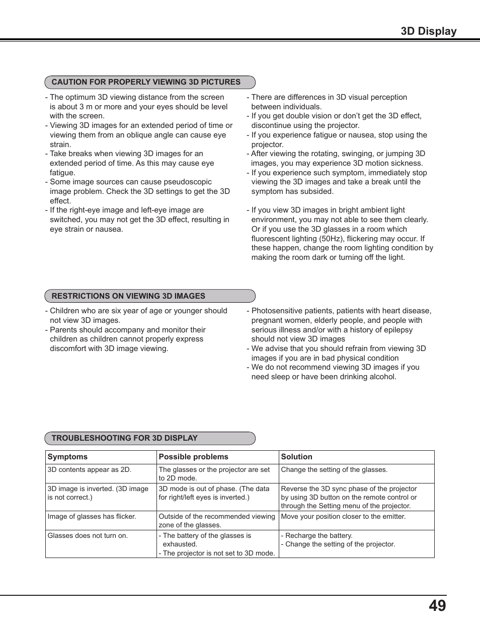 3d display | Sanyo PDG-DWL2500 User Manual | Page 49 / 82