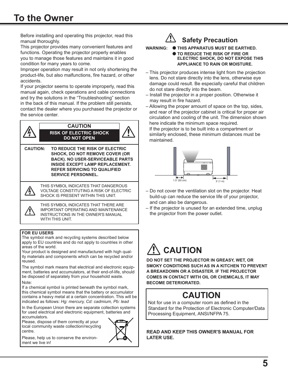 To the owner, 5to the owner, Caution | Safety precaution | Sanyo PDG-DWL2500 User Manual | Page 5 / 82