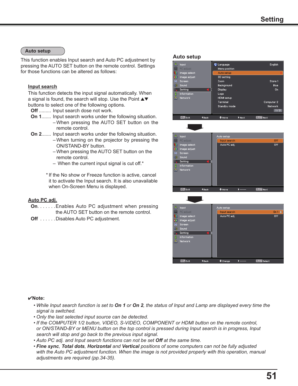 Setting | Sanyo PDG-DWL2500 User Manual | Page 51 / 82