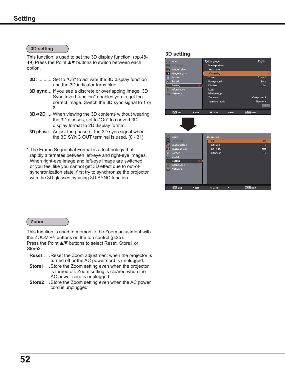 Setting | Sanyo PDG-DWL2500 User Manual | Page 52 / 82