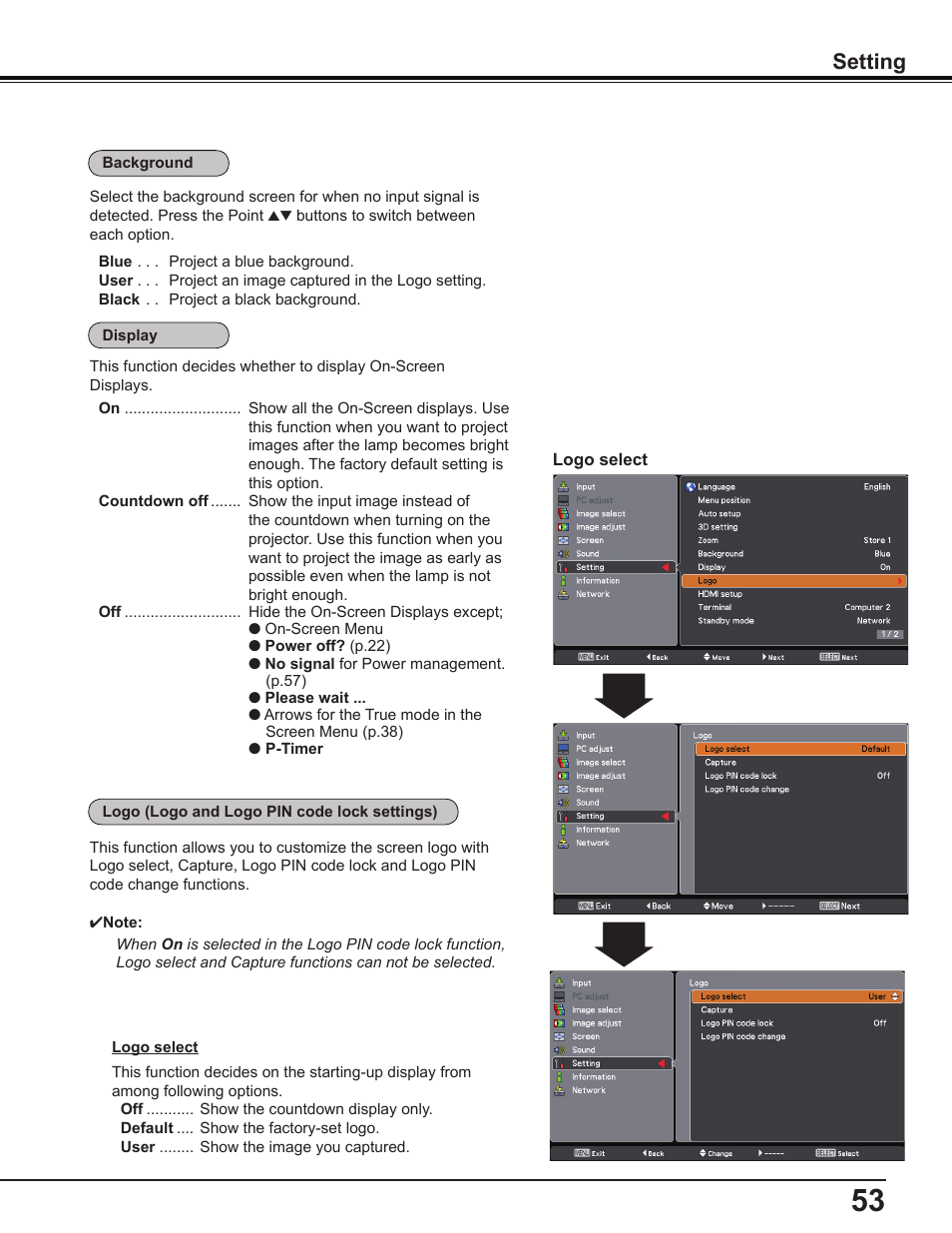 Setting | Sanyo PDG-DWL2500 User Manual | Page 53 / 82