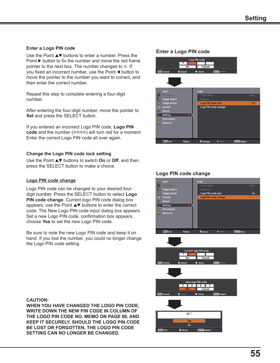 Setting | Sanyo PDG-DWL2500 User Manual | Page 55 / 82