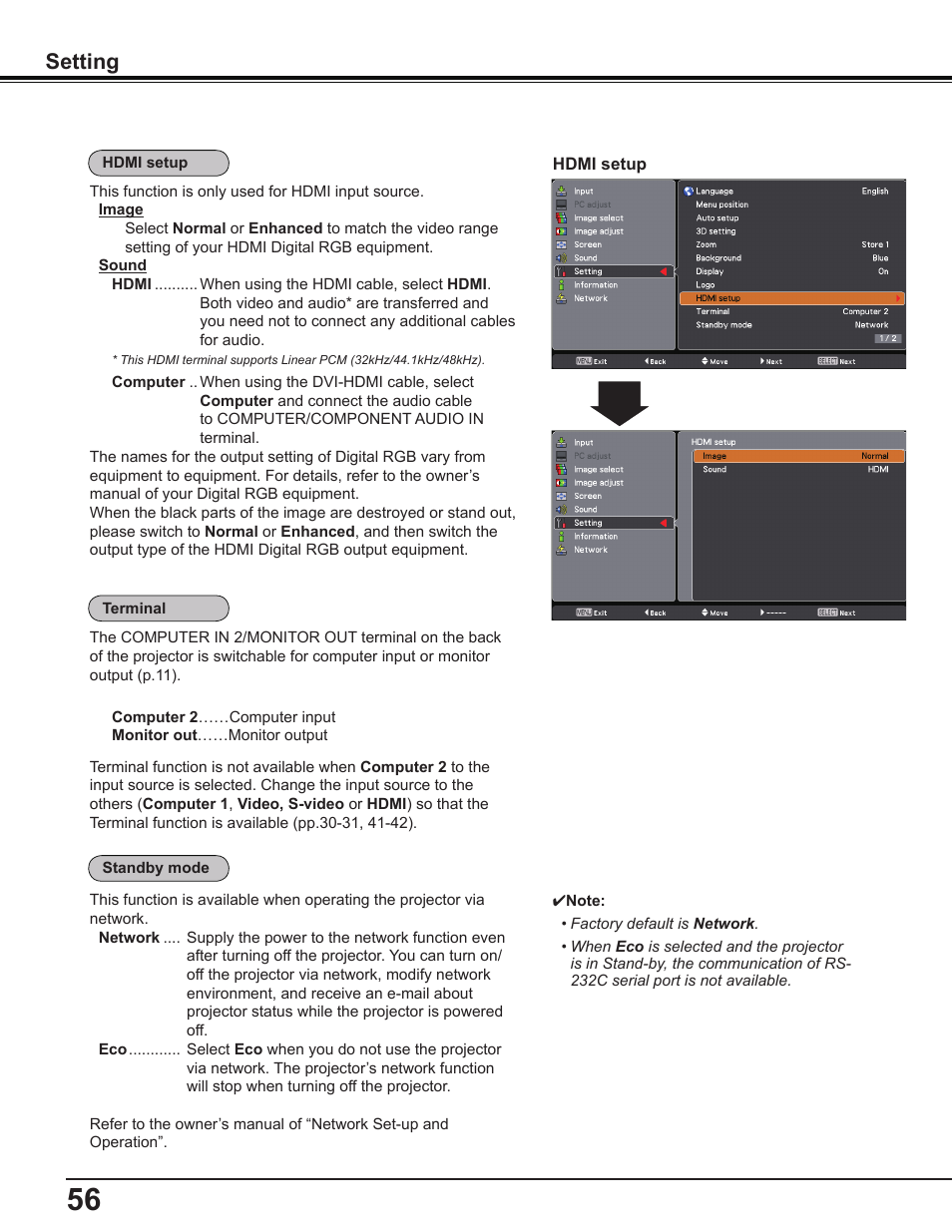 Setting | Sanyo PDG-DWL2500 User Manual | Page 56 / 82