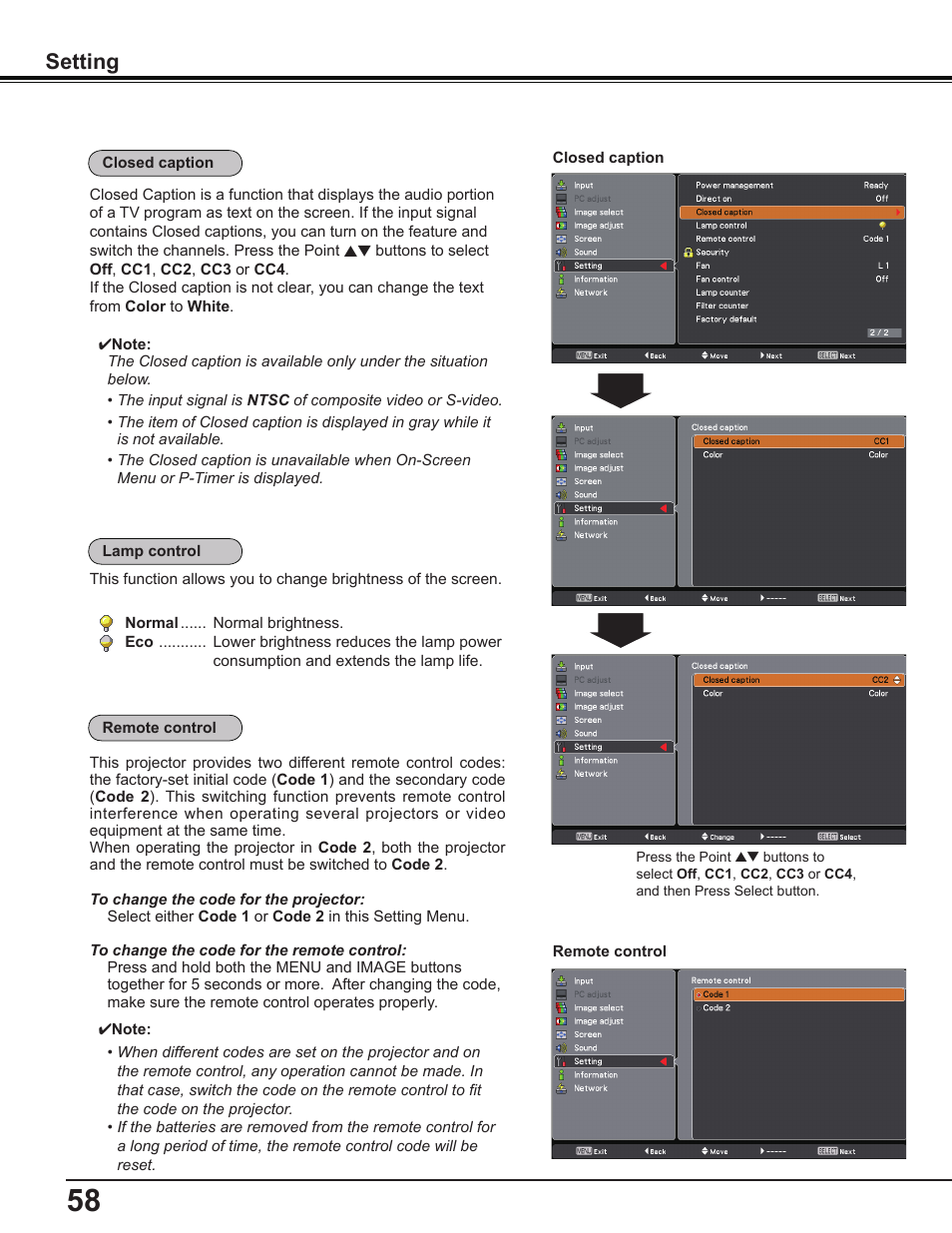 Setting | Sanyo PDG-DWL2500 User Manual | Page 58 / 82