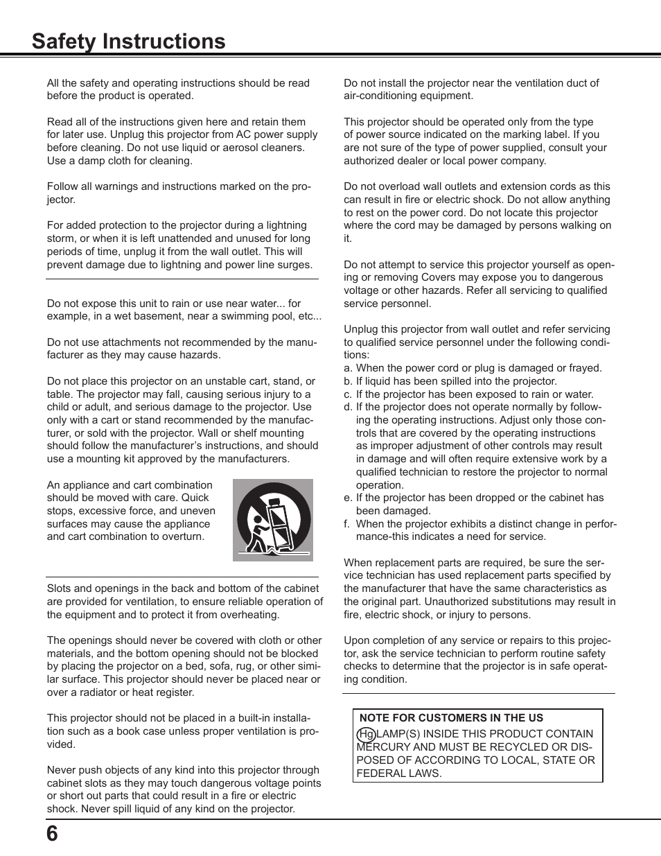 Safety instructions | Sanyo PDG-DWL2500 User Manual | Page 6 / 82