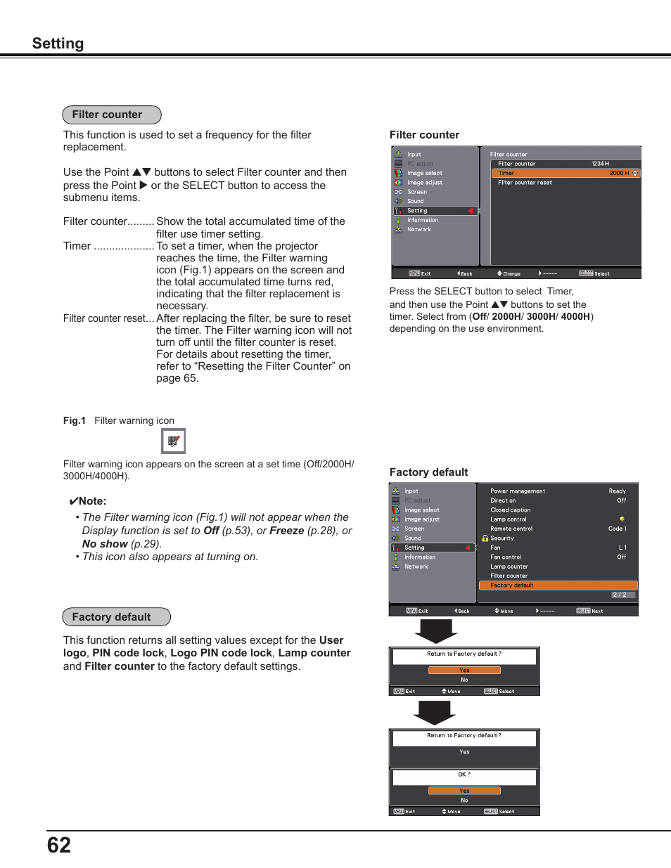 Setting | Sanyo PDG-DWL2500 User Manual | Page 62 / 82