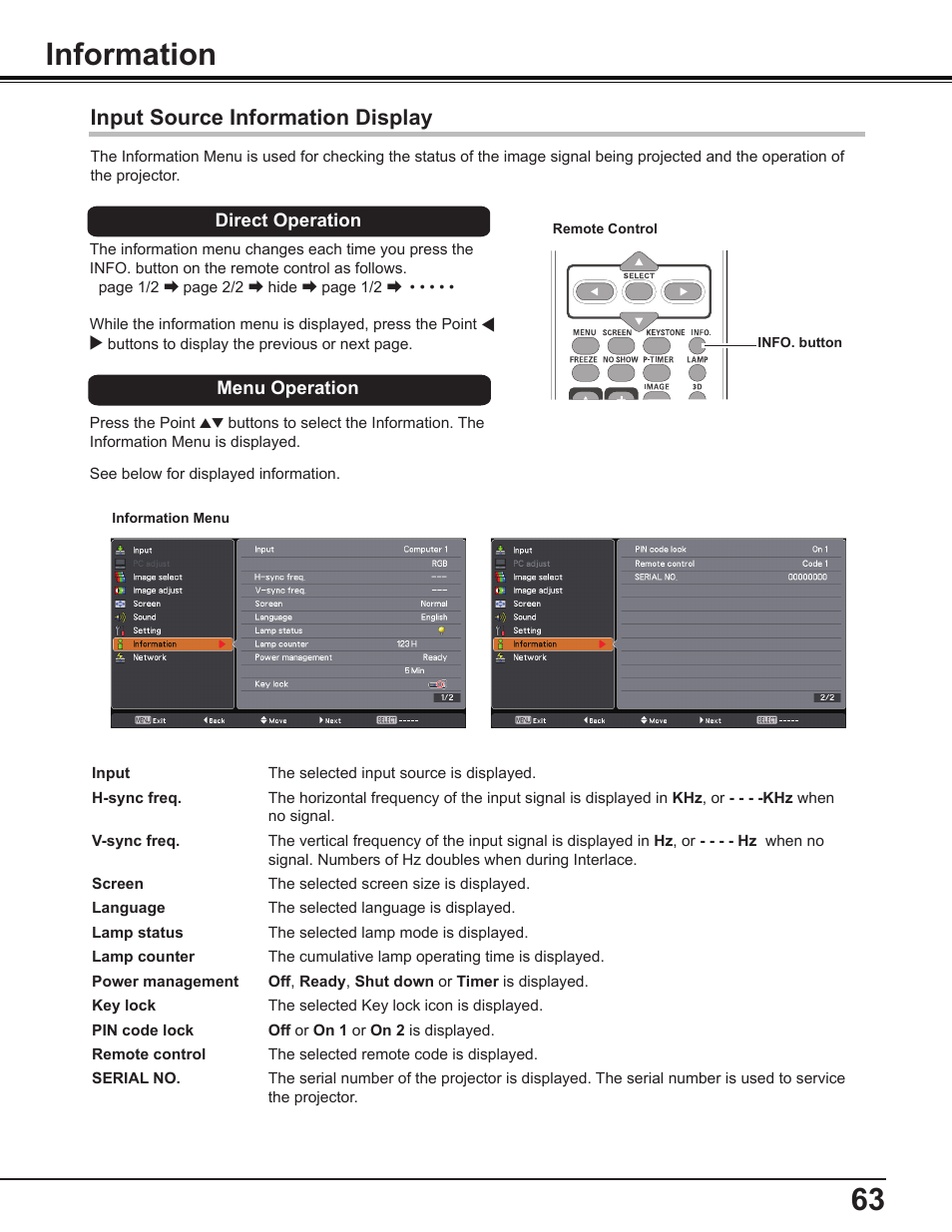 Information, Input source information display | Sanyo PDG-DWL2500 User Manual | Page 63 / 82