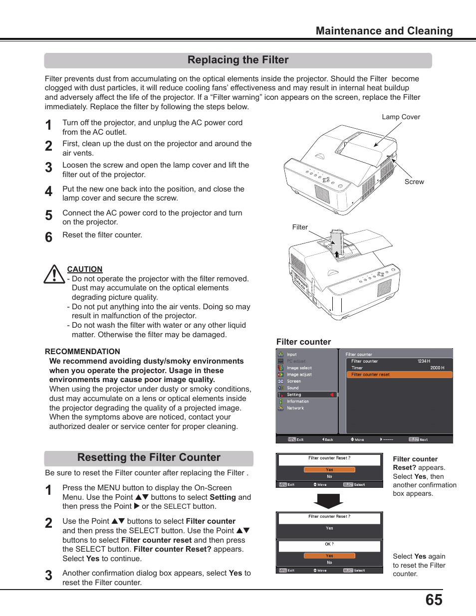 Replacing the filter, Resetting the filter counter | Sanyo PDG-DWL2500 User Manual | Page 65 / 82