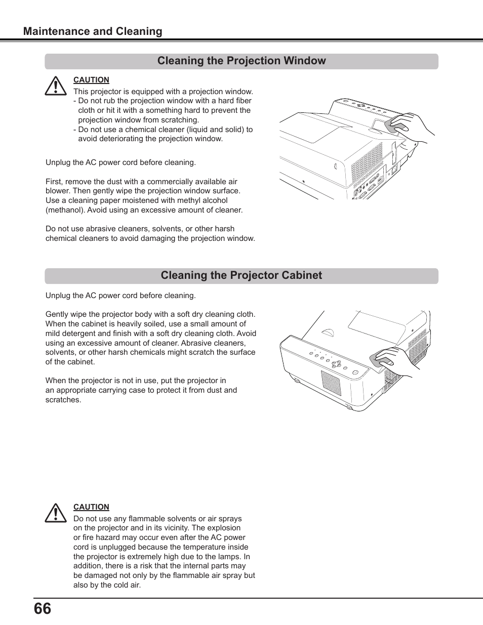 Cleaning the projection window, Cleaning the projector cabinet, Maintenance and cleaning | Sanyo PDG-DWL2500 User Manual | Page 66 / 82