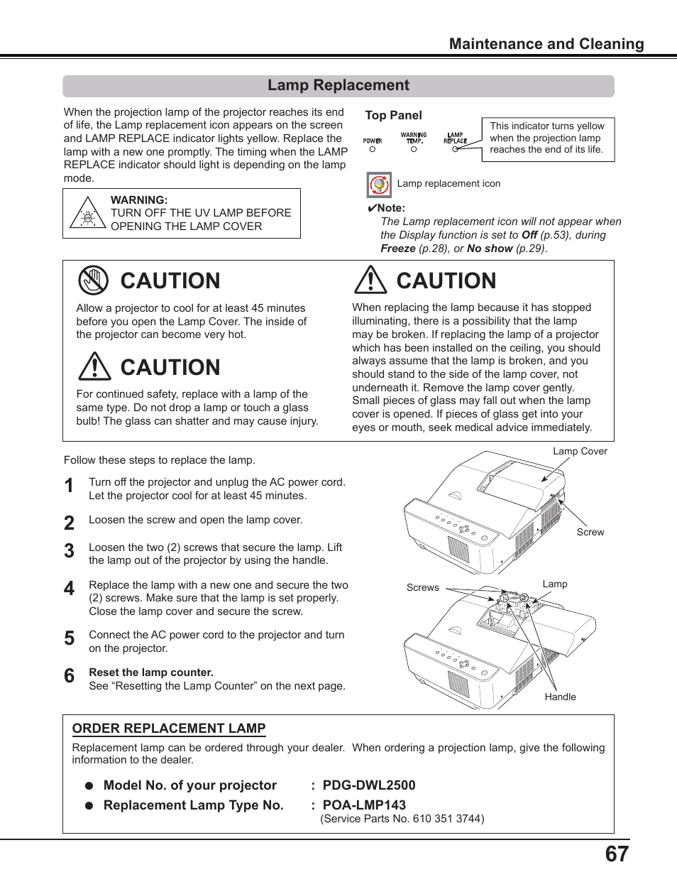Lamp replacement, Caution | Sanyo PDG-DWL2500 User Manual | Page 67 / 82