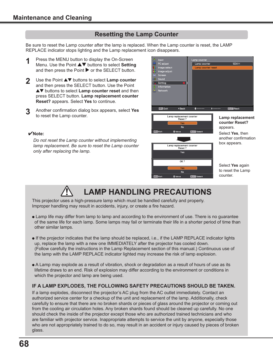 Resetting the lamp counter, Lamp handling precautions | Sanyo PDG-DWL2500 User Manual | Page 68 / 82