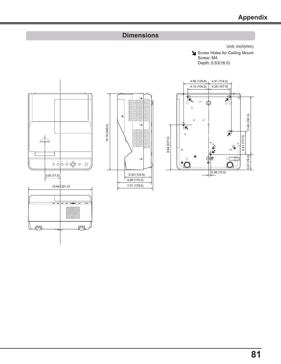 Dimensions, Dimensions appendix | Sanyo PDG-DWL2500 User Manual | Page 81 / 82