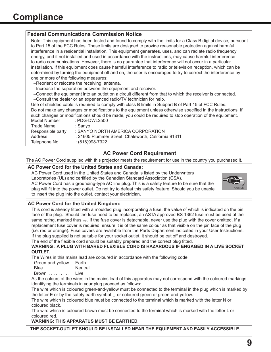 Compliance, 9compliance | Sanyo PDG-DWL2500 User Manual | Page 9 / 82