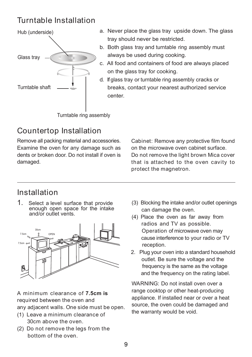 Installation, Countertop installation, Turntable installation | Sanyo EM-S2587V User Manual | Page 11 / 20