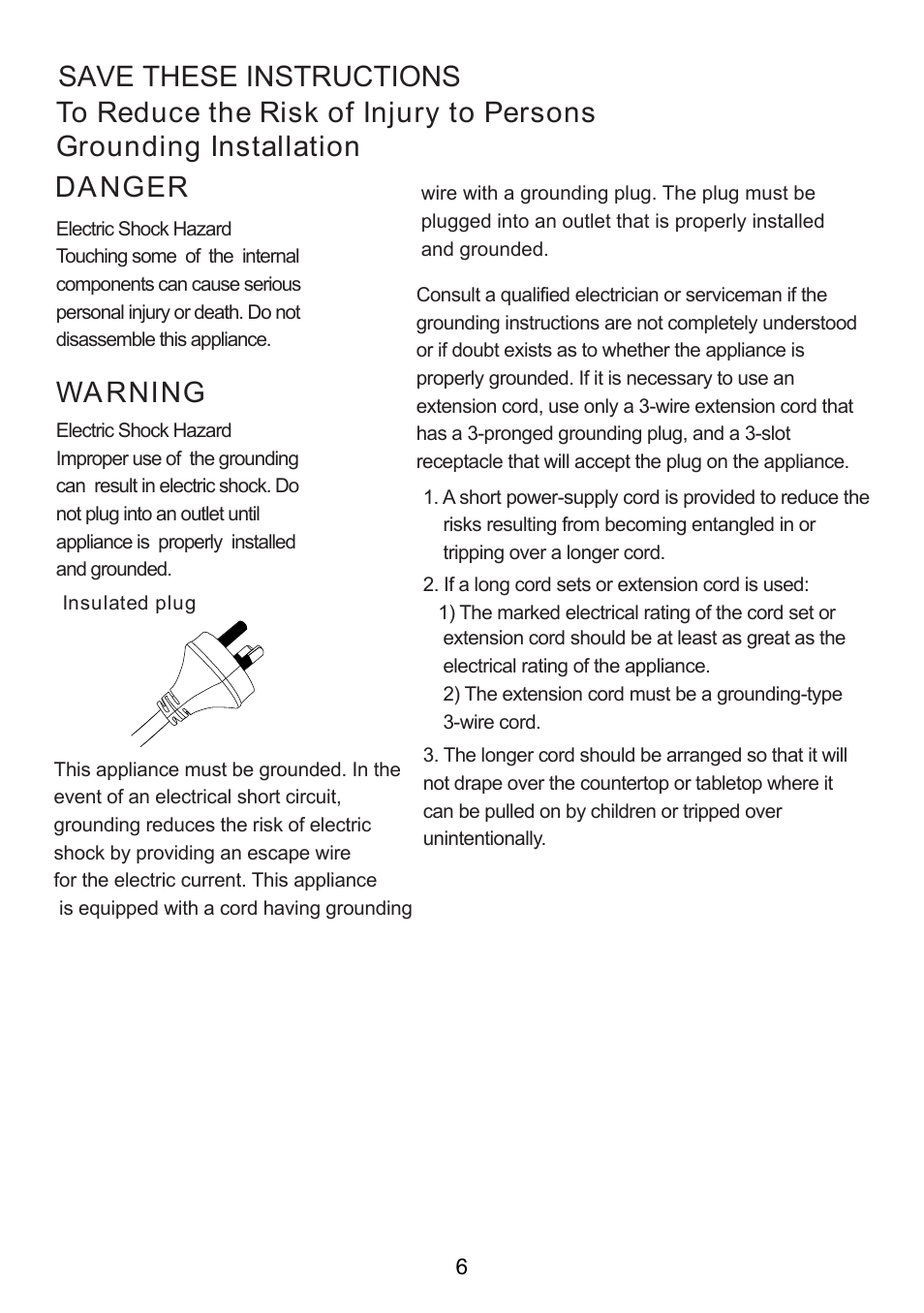 Warning danger | Sanyo EM-S2587V User Manual | Page 8 / 20